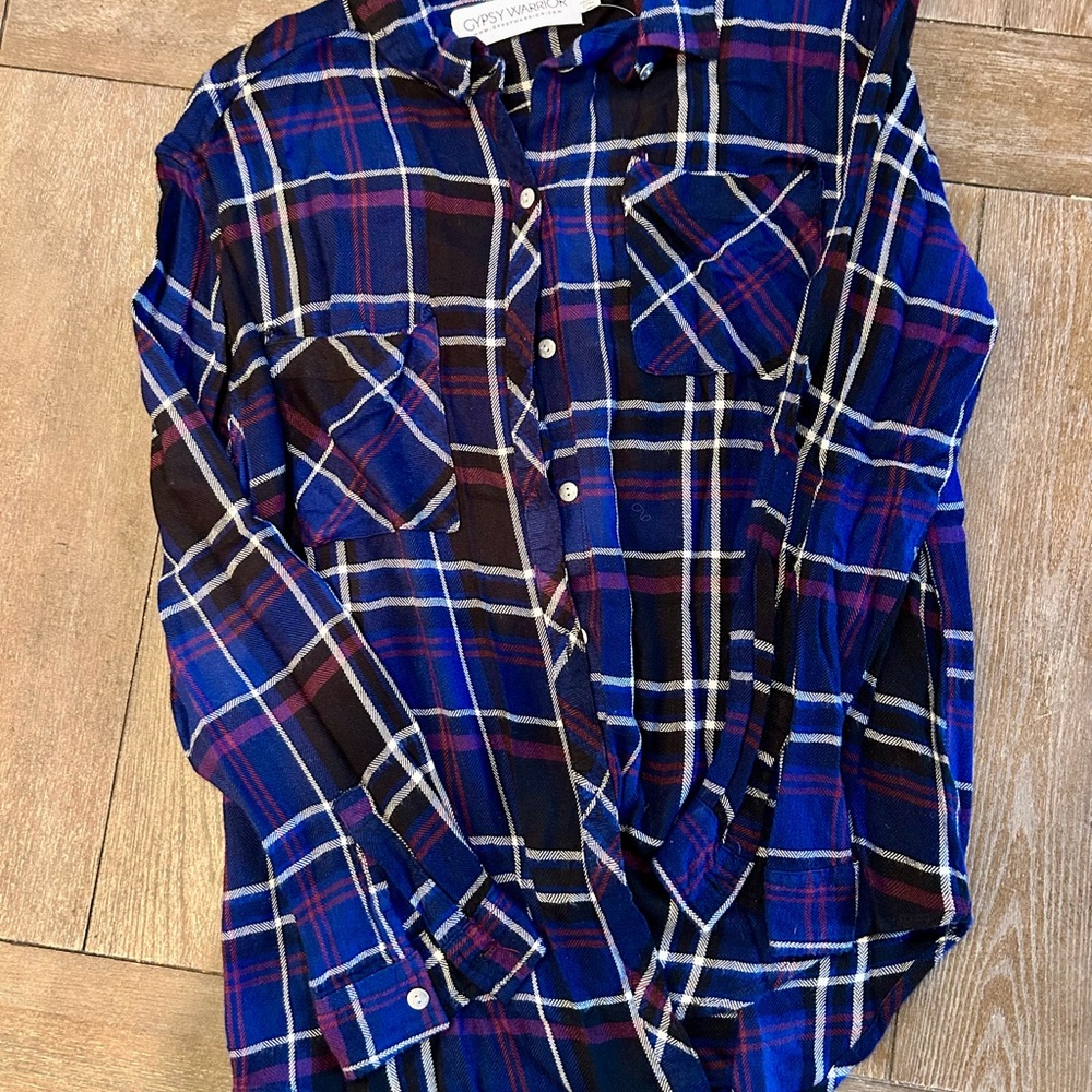 Gypsy Warrior Blue and Red Plaid Button-Down Shirt